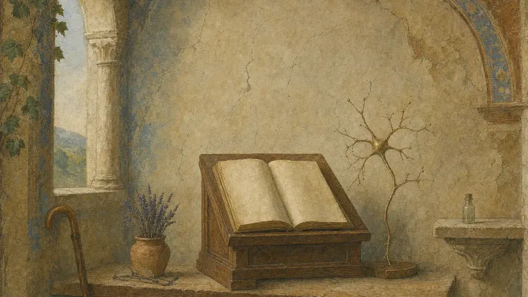 Fresco-style painting of a library alcove with an open blank book, a wire neuron sculpture and a small vial.