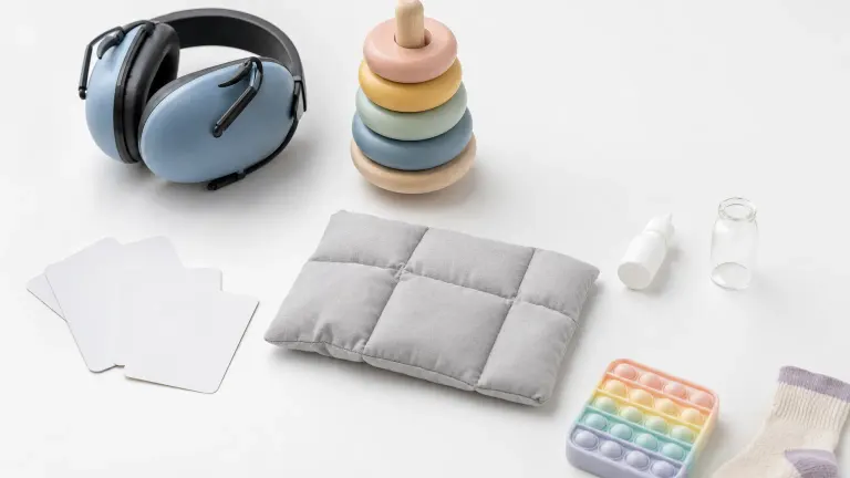 Pastel therapy toys, earmuffs and picture cards on white, with a small nasal spray bottle set apart.