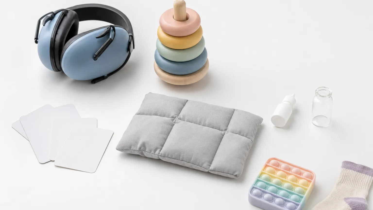 Pastel therapy toys, earmuffs and picture cards on white, with a small nasal spray bottle set apart.