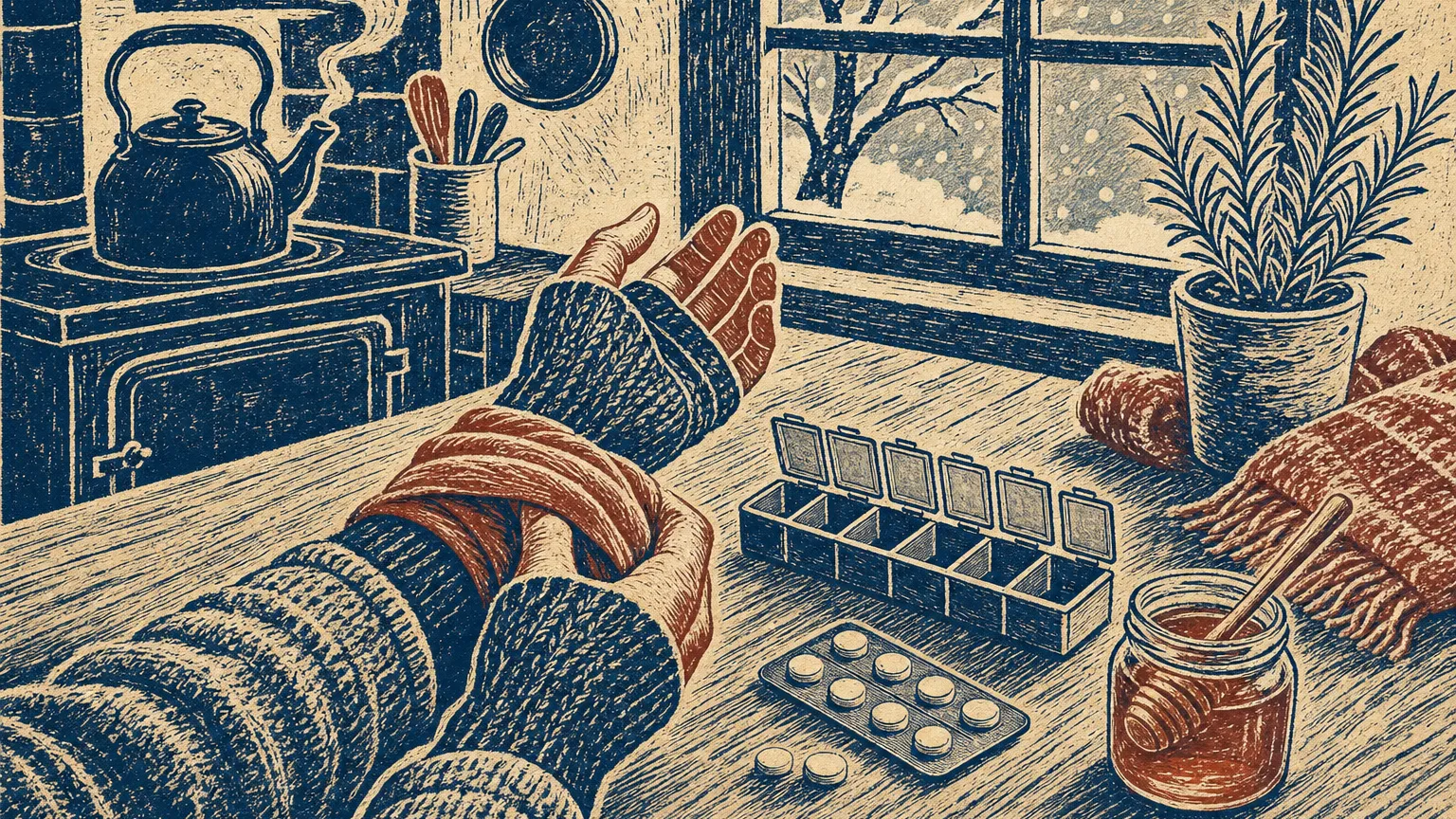 Linocut print of gloved hands holding a warm compress to a wrist beside a pill organizer.