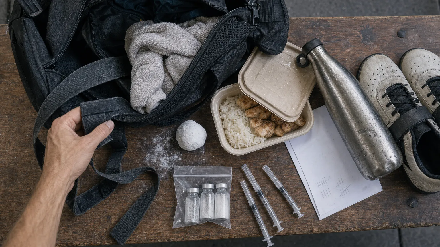 Overhead view of an open gym bag with lifting straps, meal prep, chalk and a bag of unlabeled vials