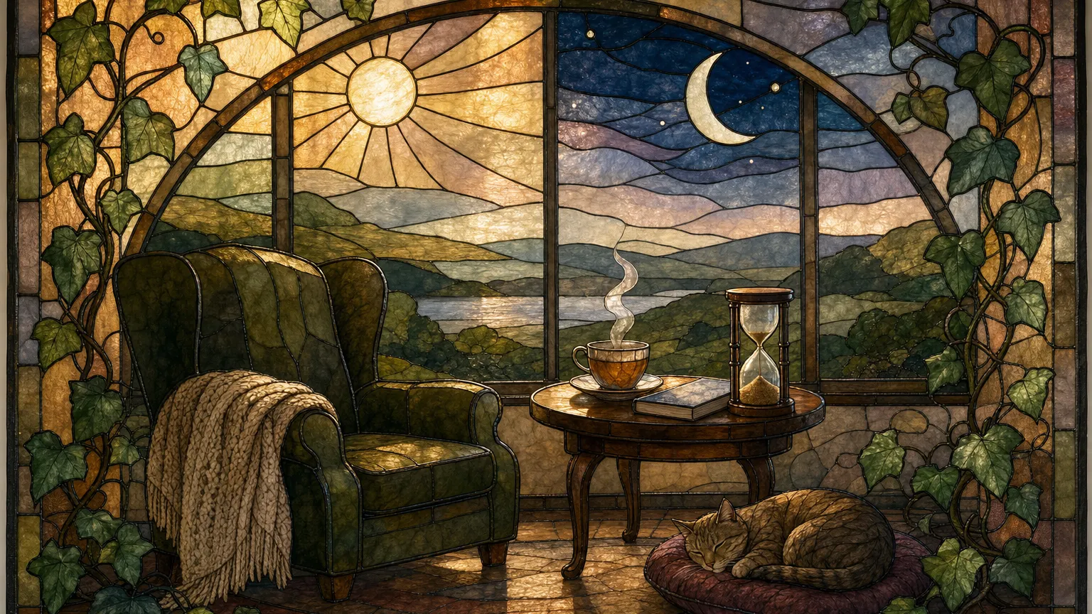 Stained-glass panel of an armchair with a blanket, tea and an hourglass beside a sun and moon.