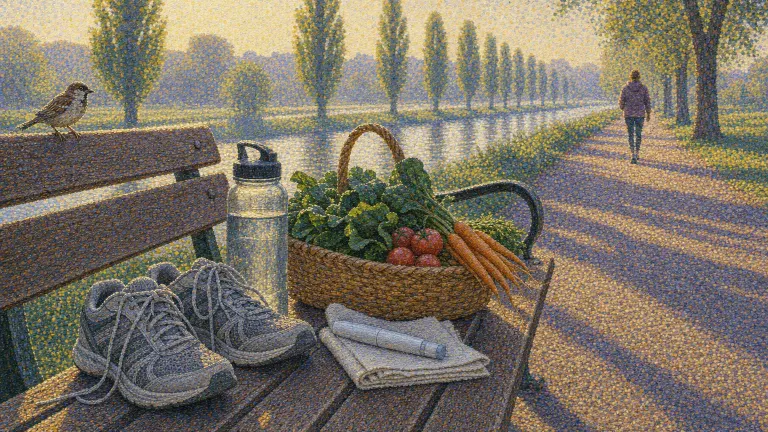 Pointillist painting of a riverside park bench holding running shoes, a vegetable basket and a capped pen.