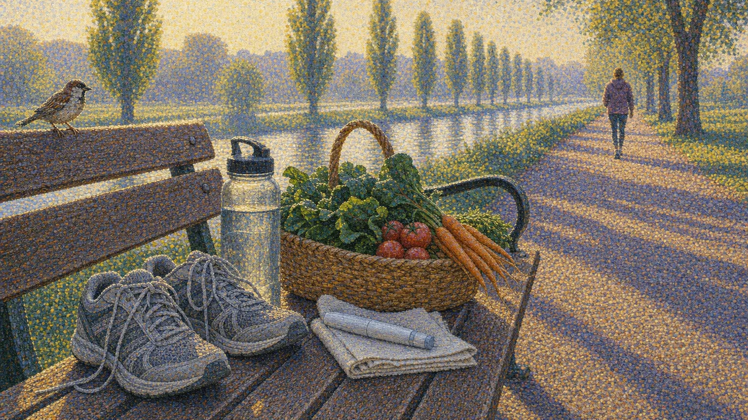 Pointillist painting of a riverside park bench holding running shoes, a vegetable basket and a capped pen.