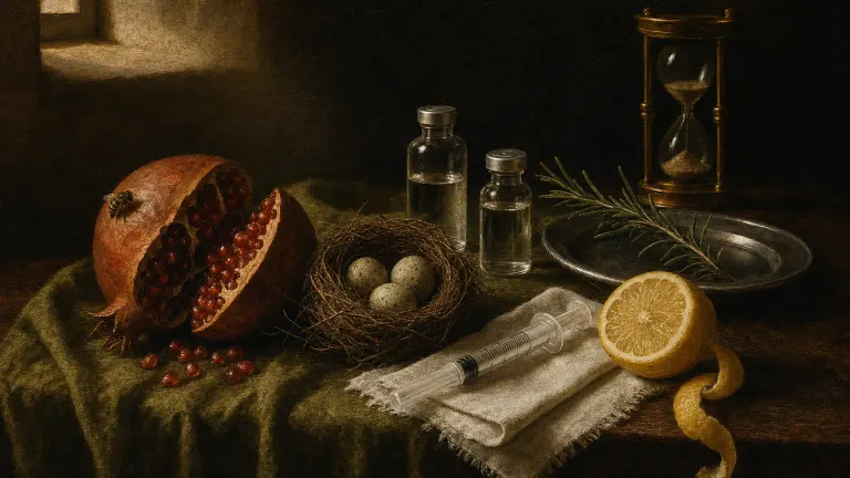 Chiaroscuro still life of a pomegranate, a nest with eggs, glass vials and a syringe on a dark table