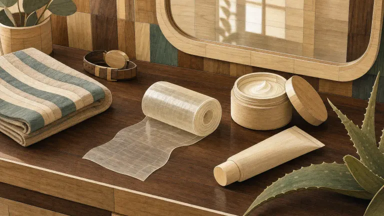 Wood inlay picture of a silicone gel sheet, cream jar, tube, towel and aloe on a vanity