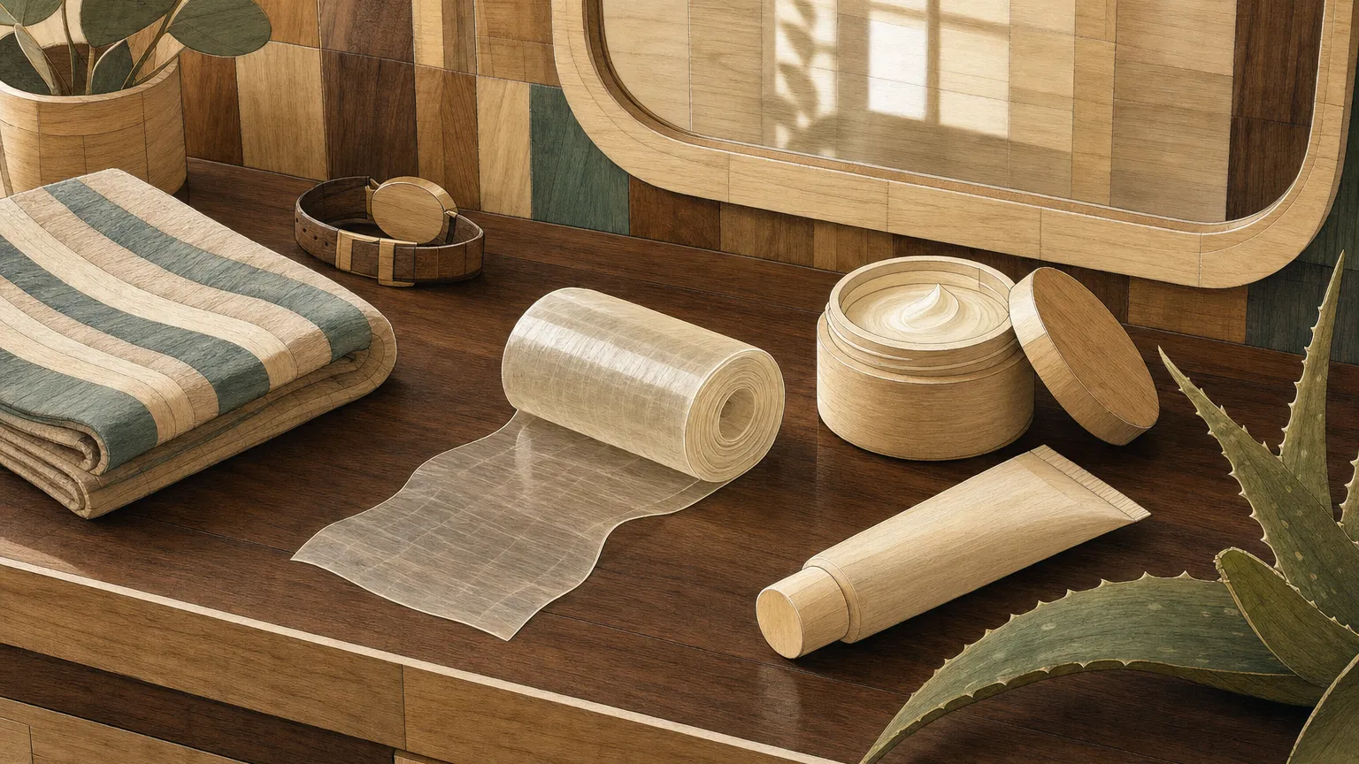Wood inlay picture of a silicone gel sheet, cream jar, tube, towel and aloe on a vanity
