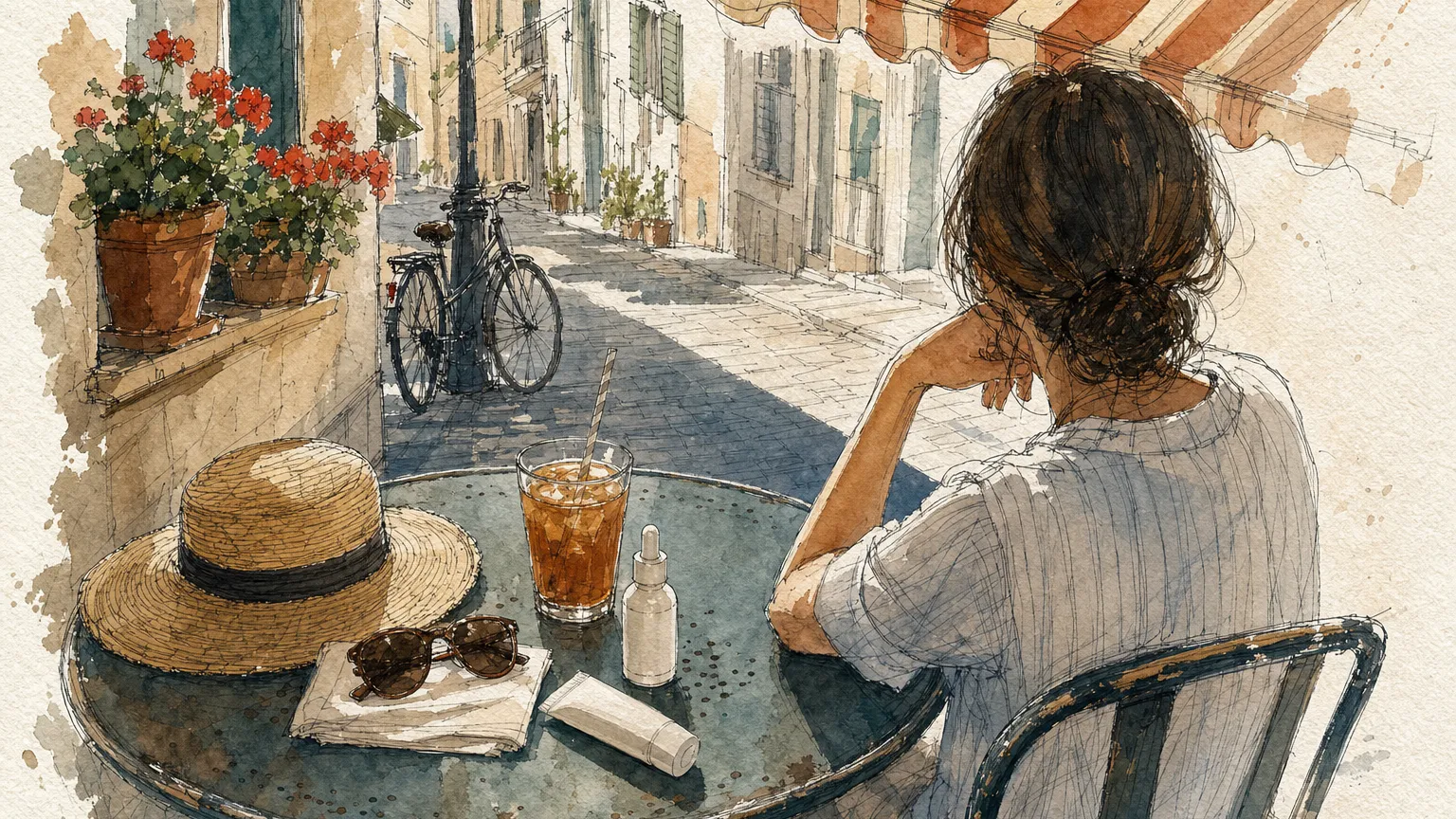 Ink and watercolor sketch of a café table with a sun hat, sunglasses, sunscreen and a dropper bottle