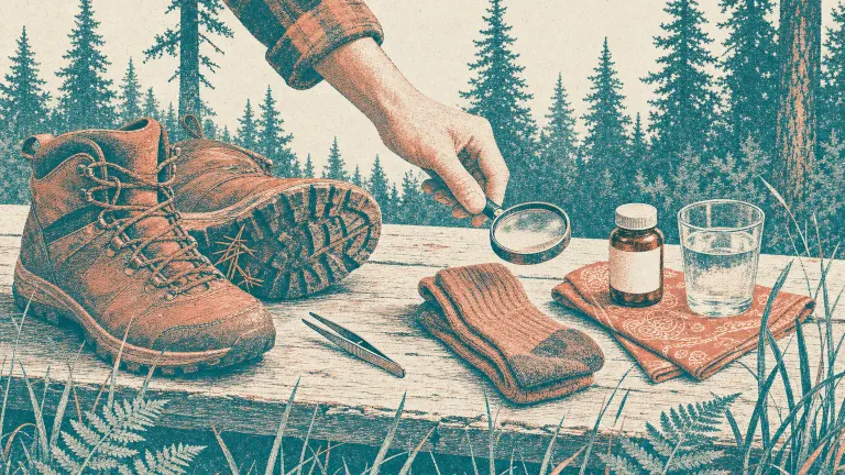 Risograph print of hiking boots, tweezers, a magnifying glass and a pill bottle on a porch step.