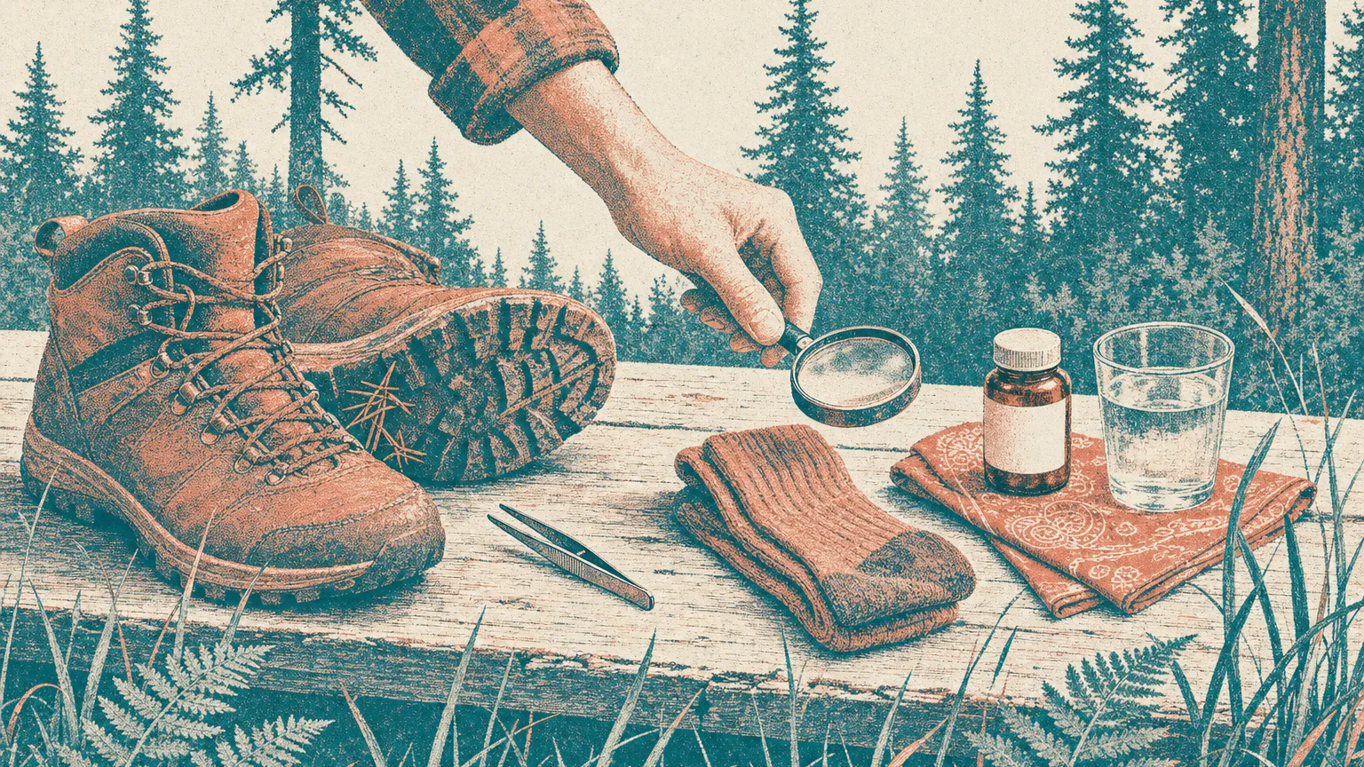 Risograph print of hiking boots, tweezers, a magnifying glass and a pill bottle on a porch step.