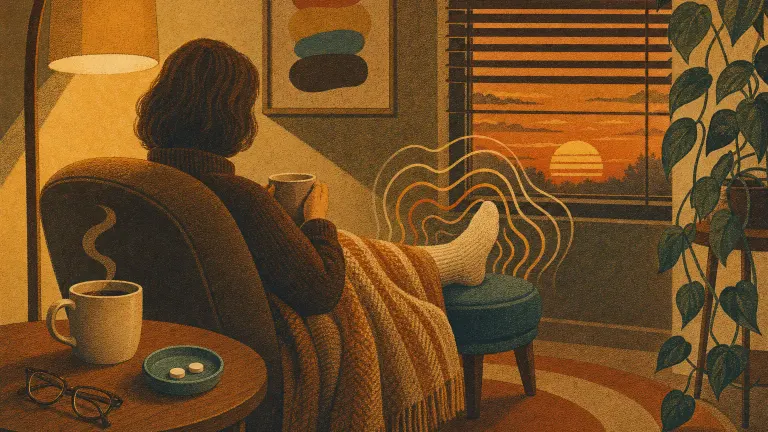 Seventies-style print of a person in an armchair resting a foot on an ottoman at dusk