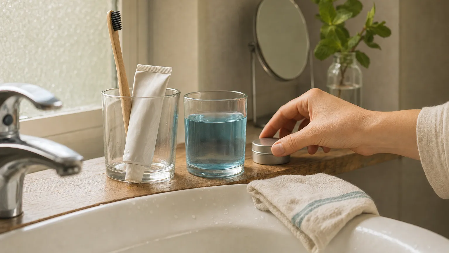 Bathroom shelf with toothbrush, toothpaste, mouth rinse and floss in soft morning window light