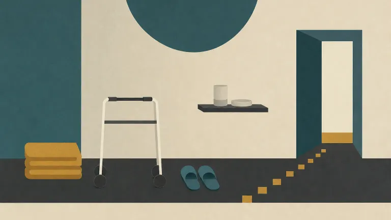 Geometric poster of a walker, blanket and slippers in a recovery corridor leading to an open door