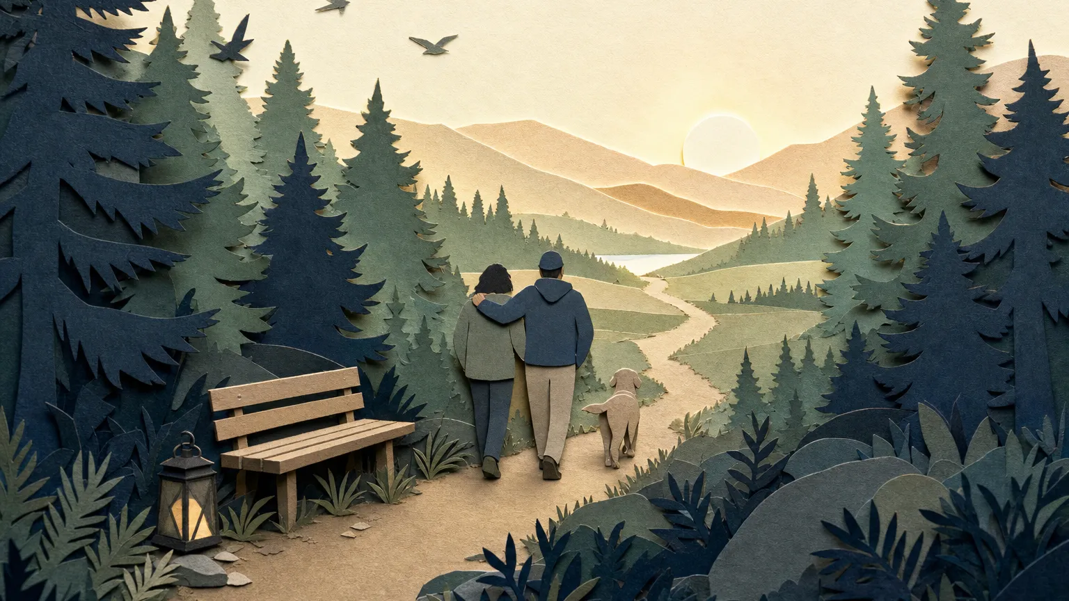 Paper-cut collage of two figures seen from behind walking a forest trail toward a sunlit meadow.
