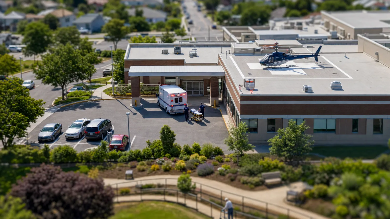 Tilt-shift aerial view of an ambulance at a hospital entrance beside a rehabilitation garden path.