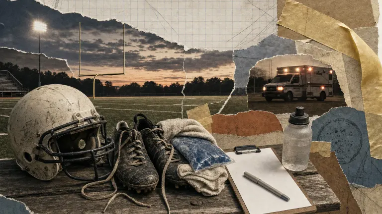 Torn-paper collage of a sports field bench with a youth helmet, cold pack and an ambulance in the distance.