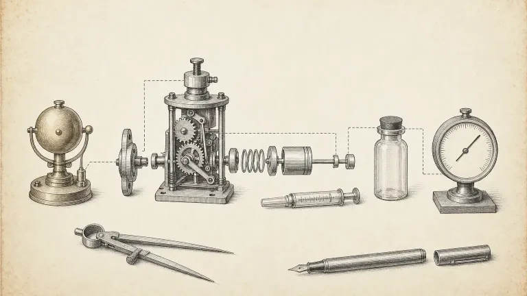 Patent-style ink drawing of a bell, clockwork pump, vial and blank gauge connected by dashed lines