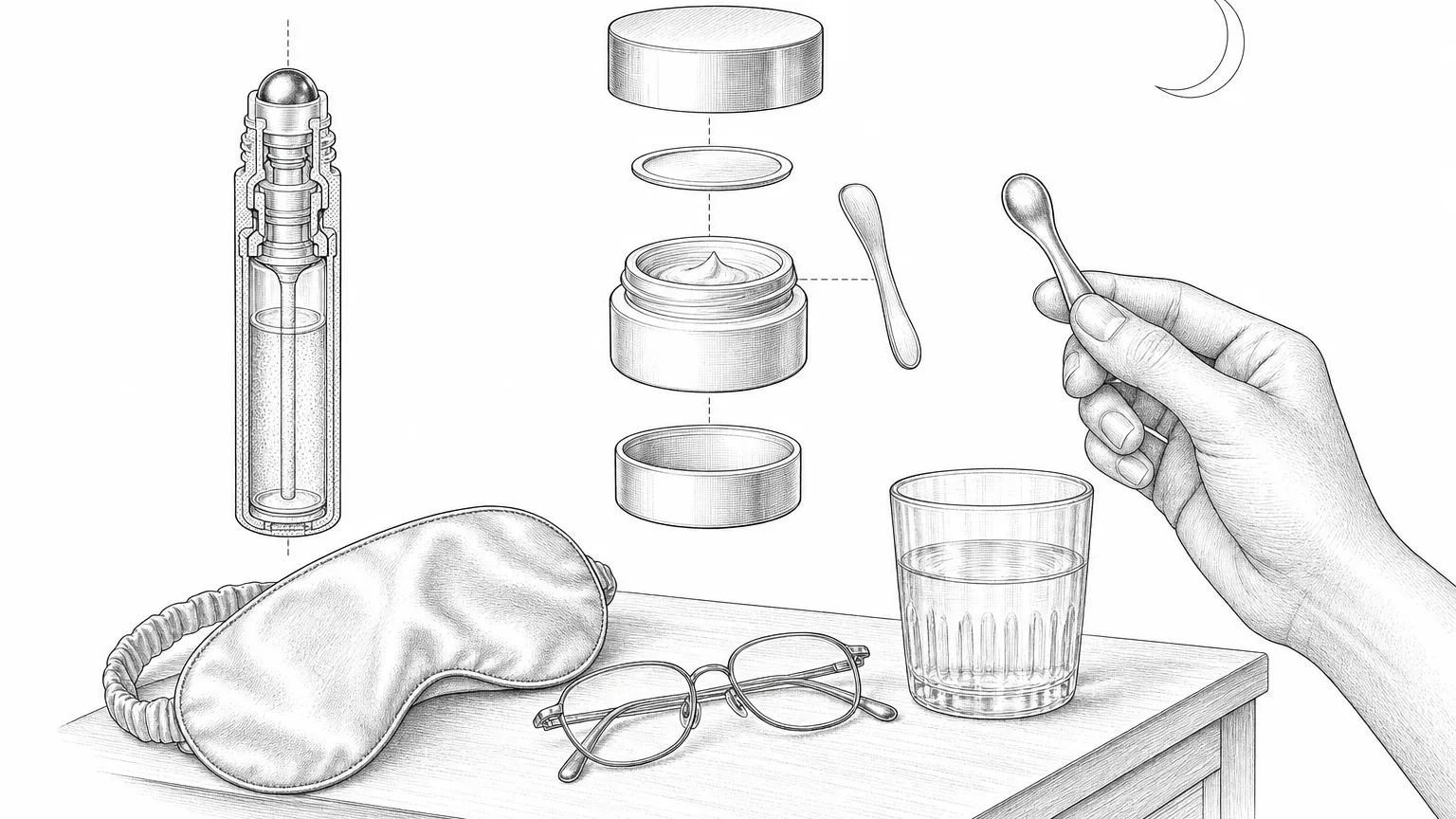Patent-style ink drawing of an exploded eye cream jar, rollerball serum, sleep mask and cooling spoon