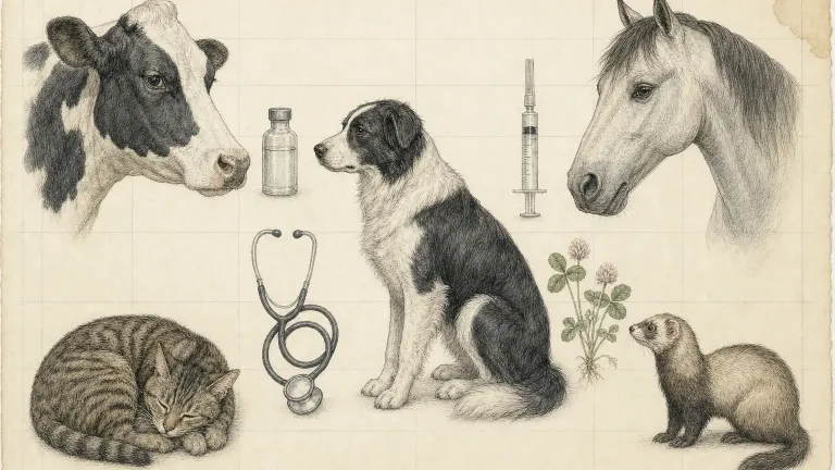 Natural history plate of a dog, cow, horse, cat and ferret with a vial, syringe and stethoscope