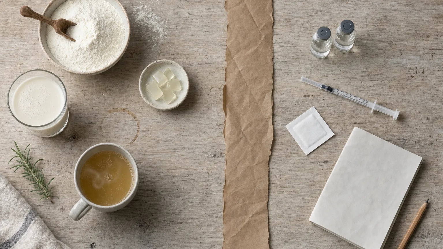 Overhead countertop split between collagen powder and food items on one side and vials and a syringe on the other.