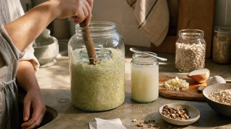 Film photo of a cabbage fermentation jar on a kitchen counter with kefir, garlic and oats, hands tamping.