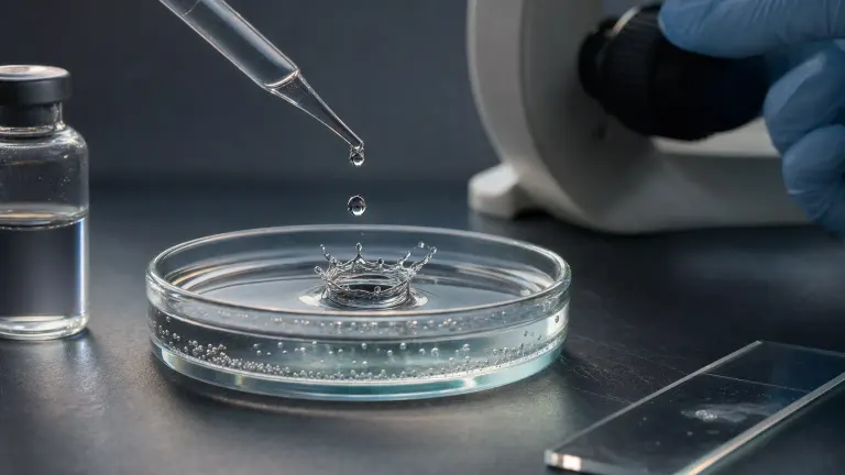 Macro photo of a droplet falling from a pipette into a glass dish beside a slide and vial.