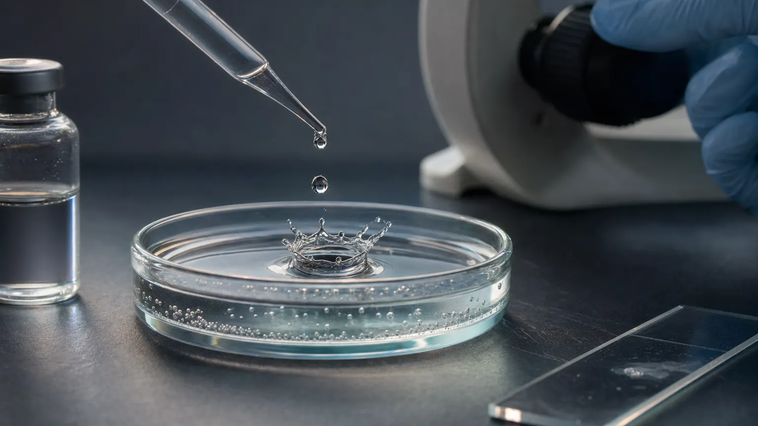 Macro photo of a droplet falling from a pipette into a glass dish beside a slide and vial.