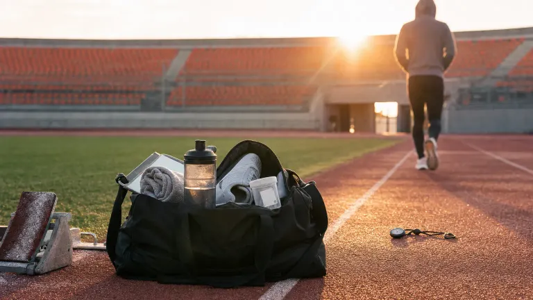 Sunset running track with an open sports bag, a sealed specimen cup and an athlete walking away.