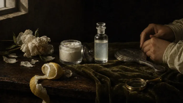 Chiaroscuro still life of a cream jar and a cloudy vial on dark oak with a mirror, lemon and peony.
