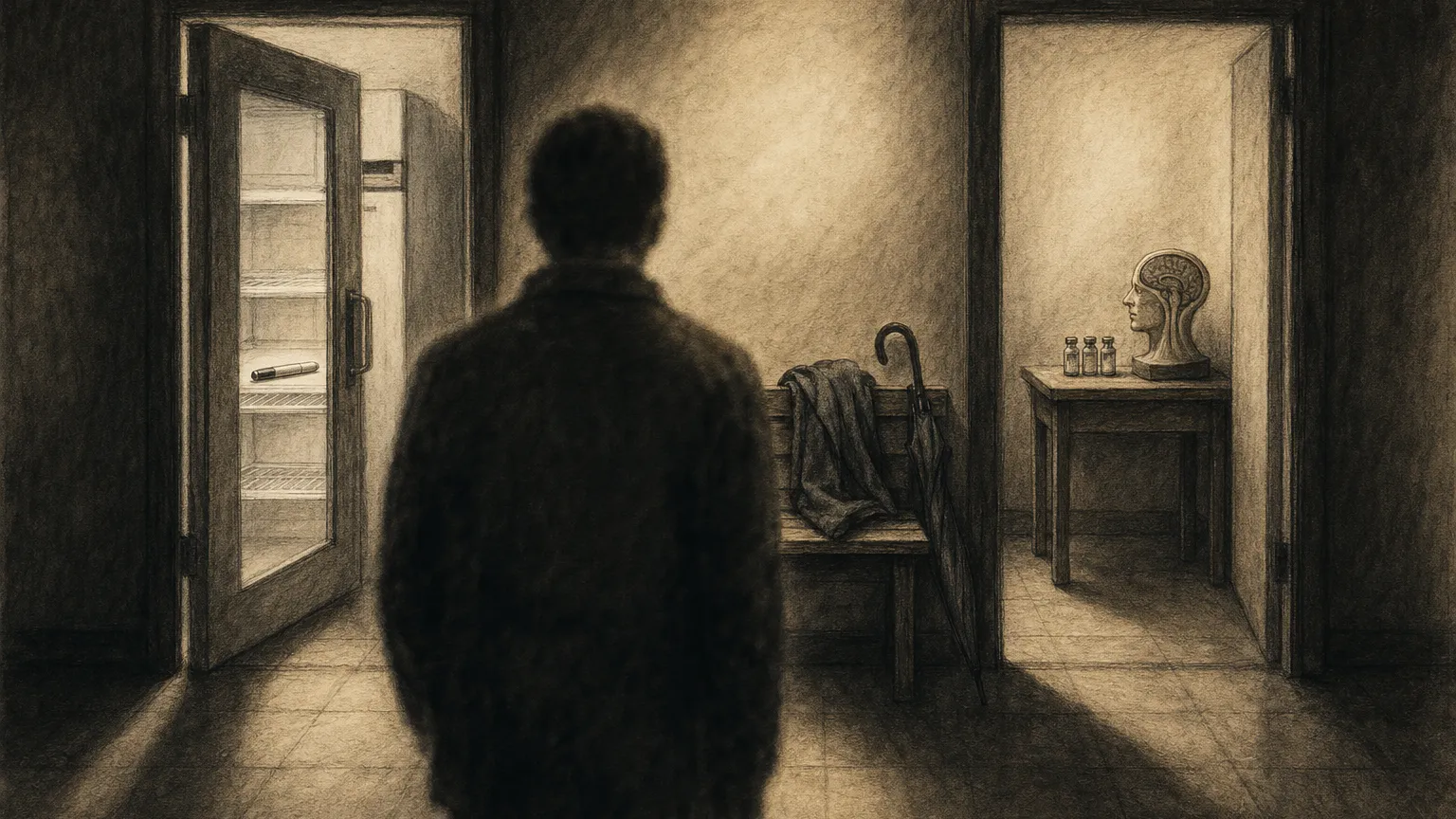 Charcoal drawing of two clinic doorways, one with an injection pen and one with small vials.