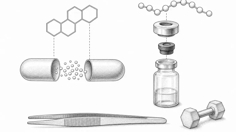Patent-style line drawing of an opened capsule beside an exploded vial with a beaded chain above it.