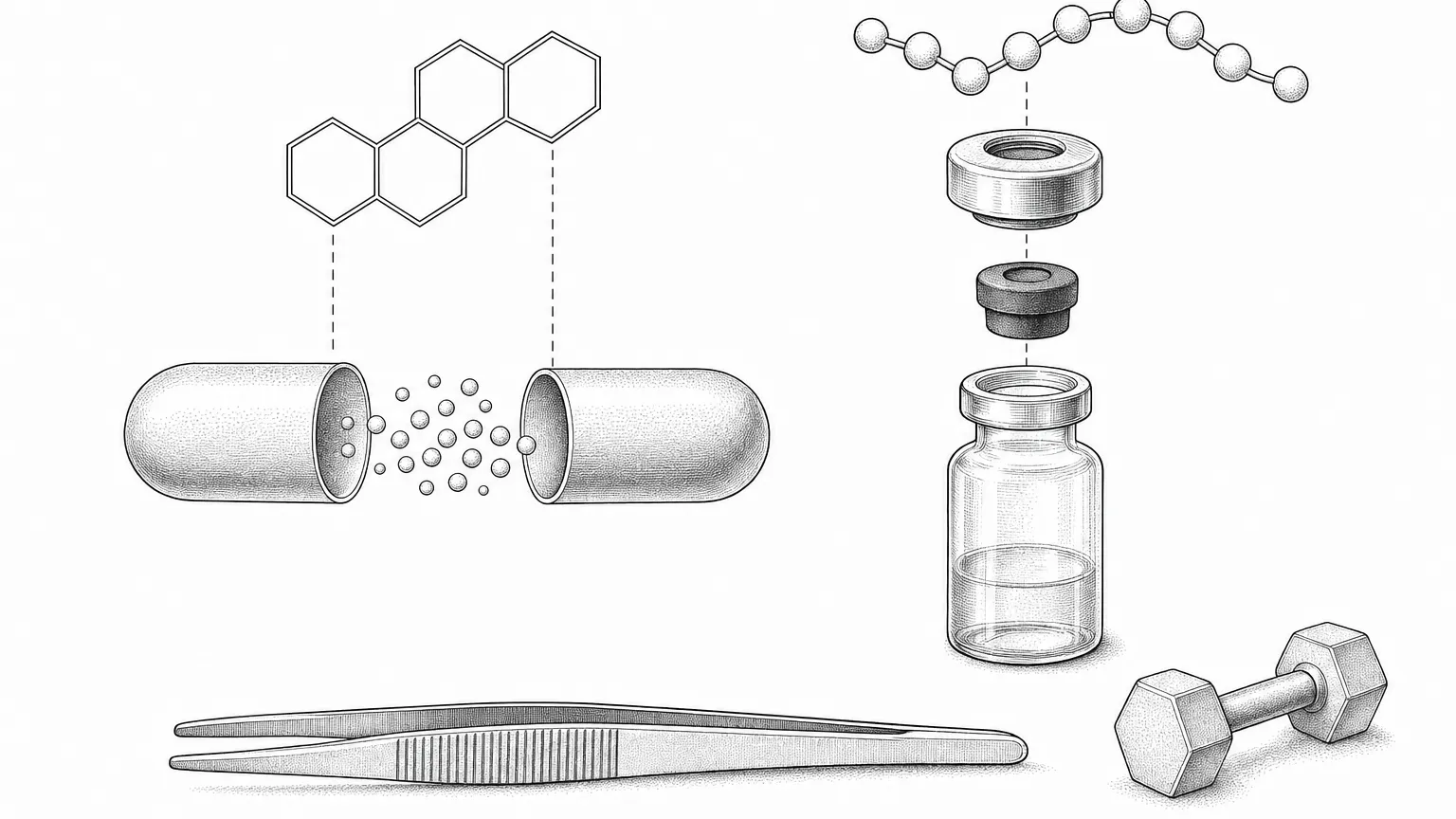 Patent-style line drawing of an opened capsule beside an exploded vial with a beaded chain above it.