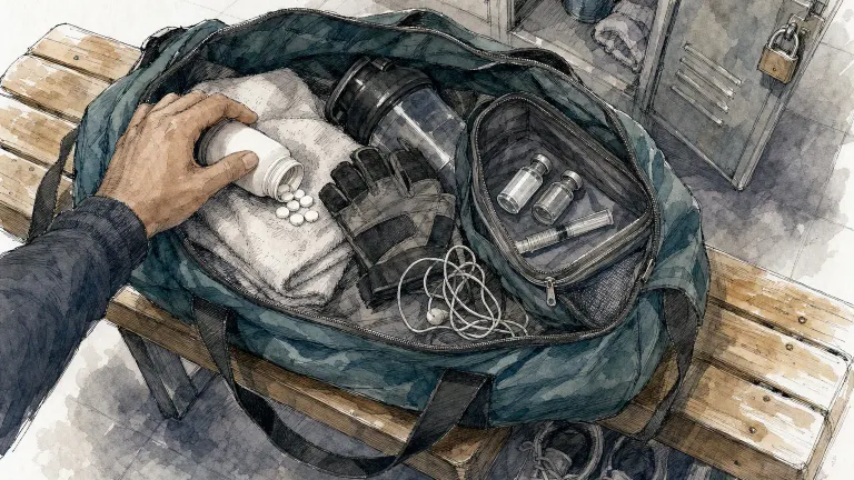 Ink and watercolor sketch of a gym bag holding a pill bottle on one side and vials on the other.