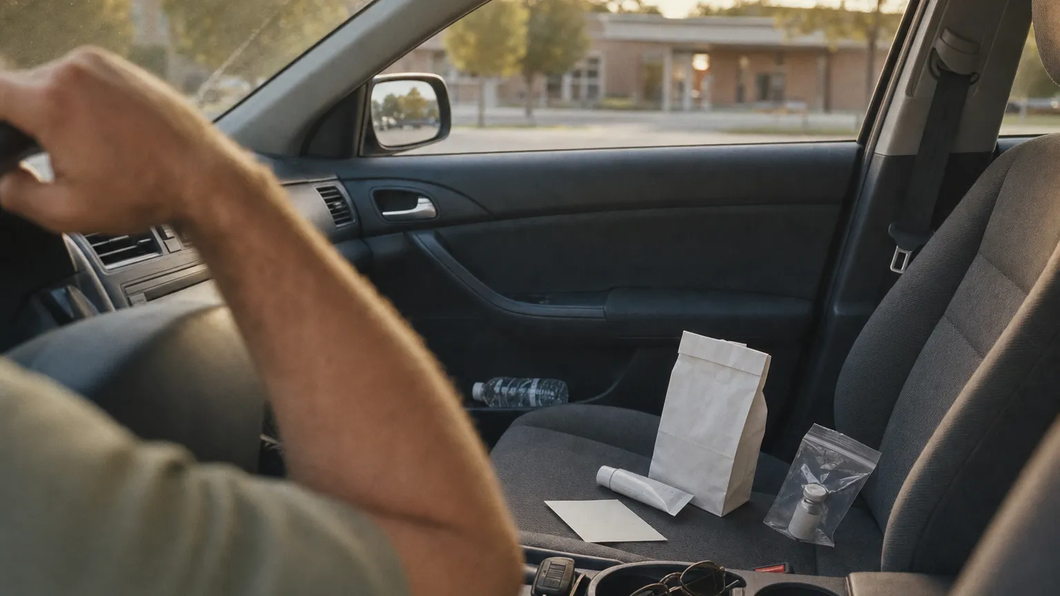 A pharmacy bag with a gel tube beside a small vial on a car passenger seat outside a clinic.