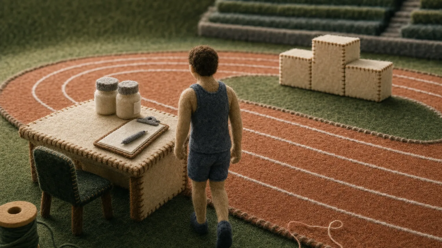 Felt miniature of a stadium track with an athlete walking toward a small sample collection desk.