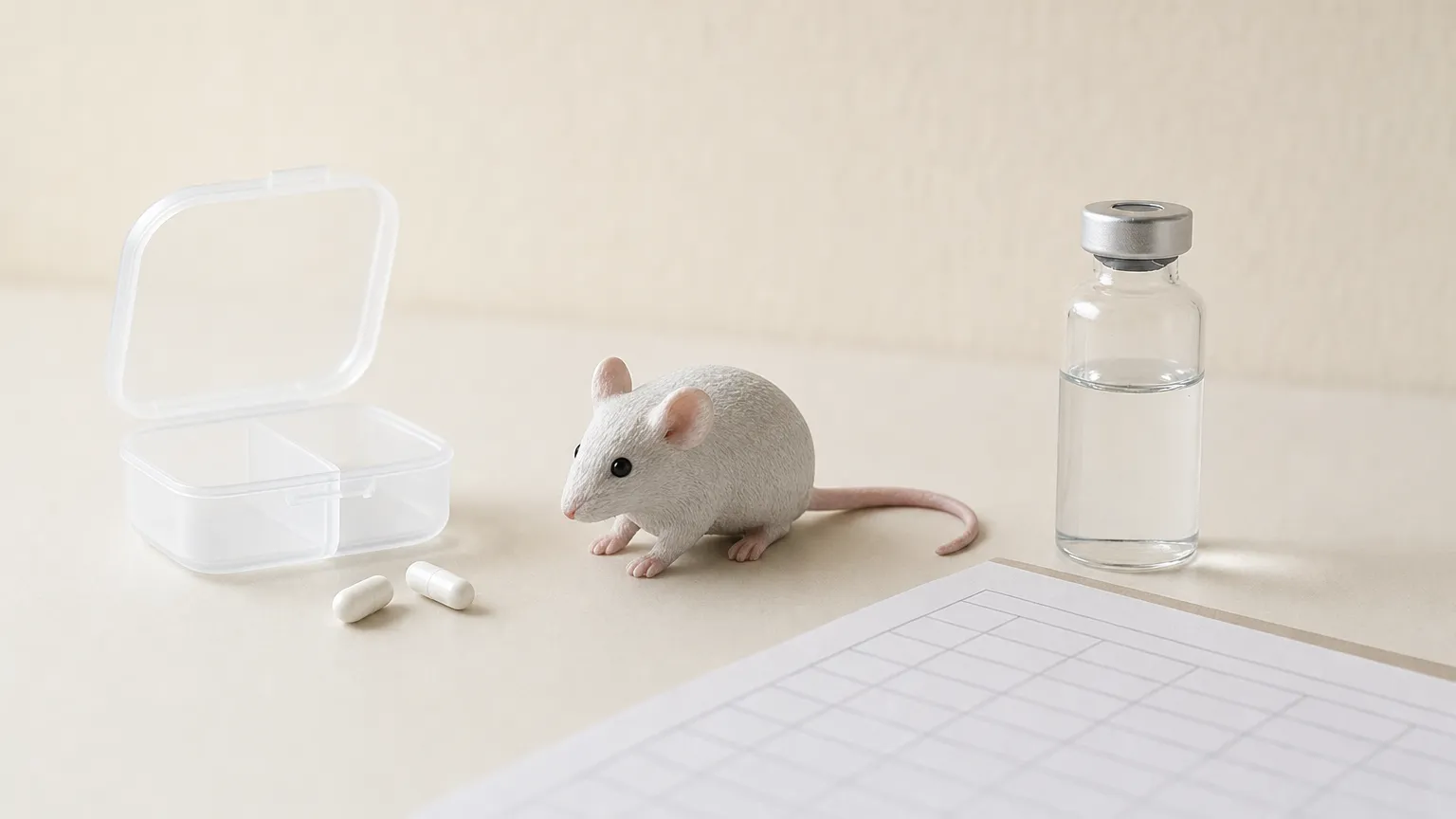 A pill organizer with two capsules beside a mouse figurine, a closed vial and a blank chart.