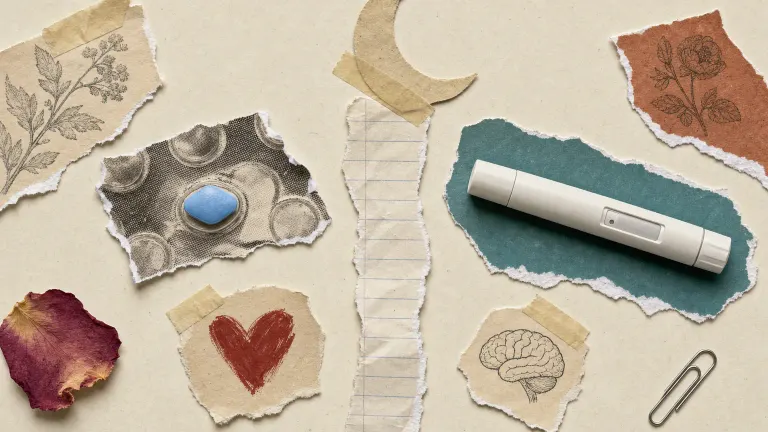 Torn-paper collage contrasting a blue tablet beside a heart with a capped autoinjector beside a brain outline.