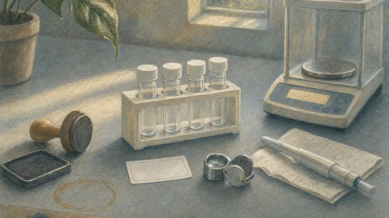 Pastel drawing of small vials in a rack beside a blank label, loupe and rubber stamp on a lab bench.