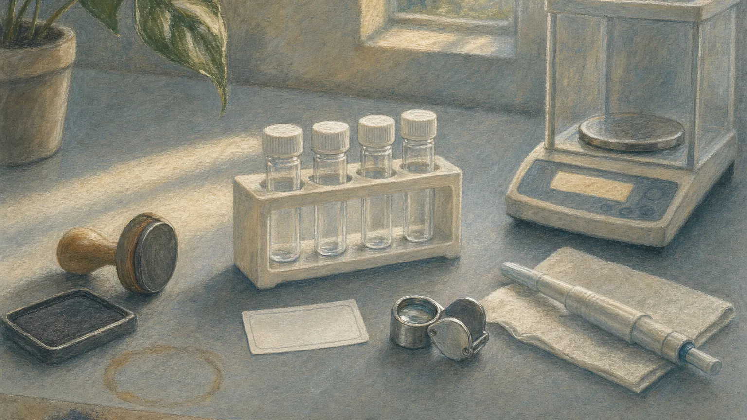 Pastel drawing of small vials in a rack beside a blank label, loupe and rubber stamp on a lab bench.