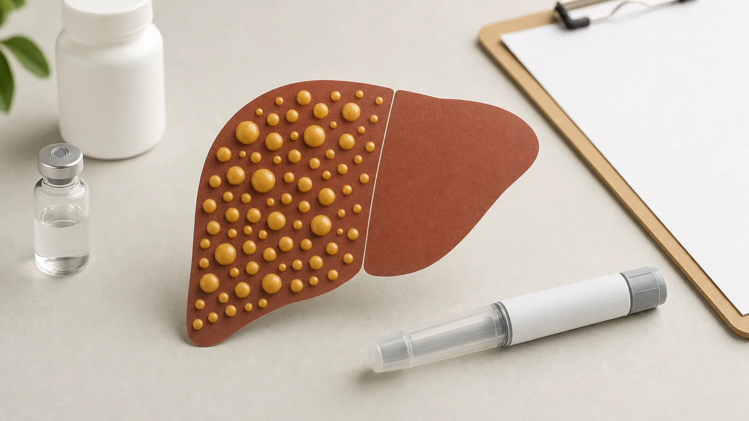 Liver illustration with fat droplets on one half and a clear other half beside an injection pen