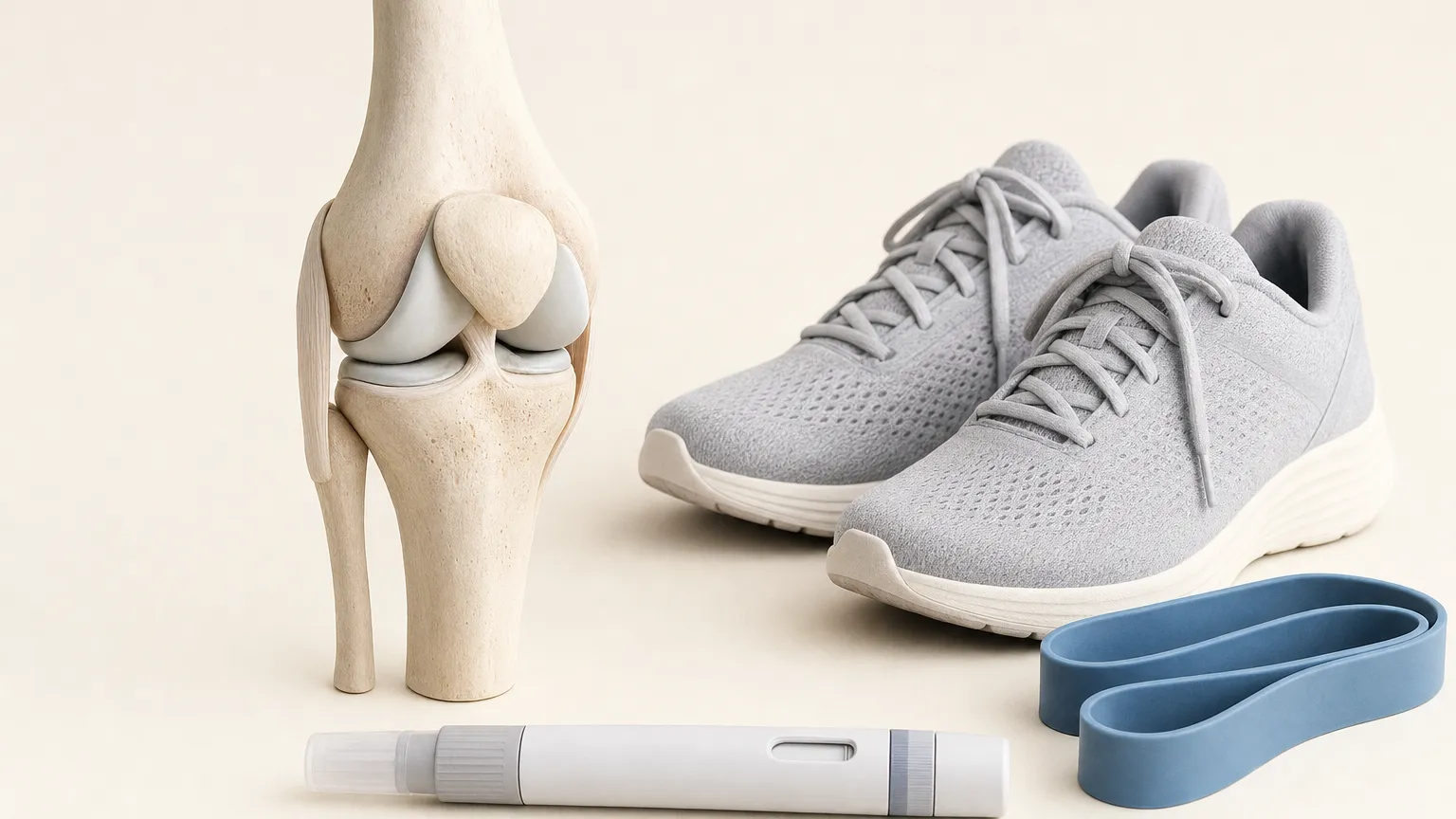 Knee joint illustration beside walking shoes, a resistance band and an injection pen