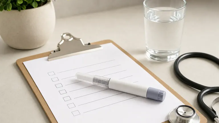 Injection pen on a clipboard with a blank symptom checklist, a glass of water and a stethoscope