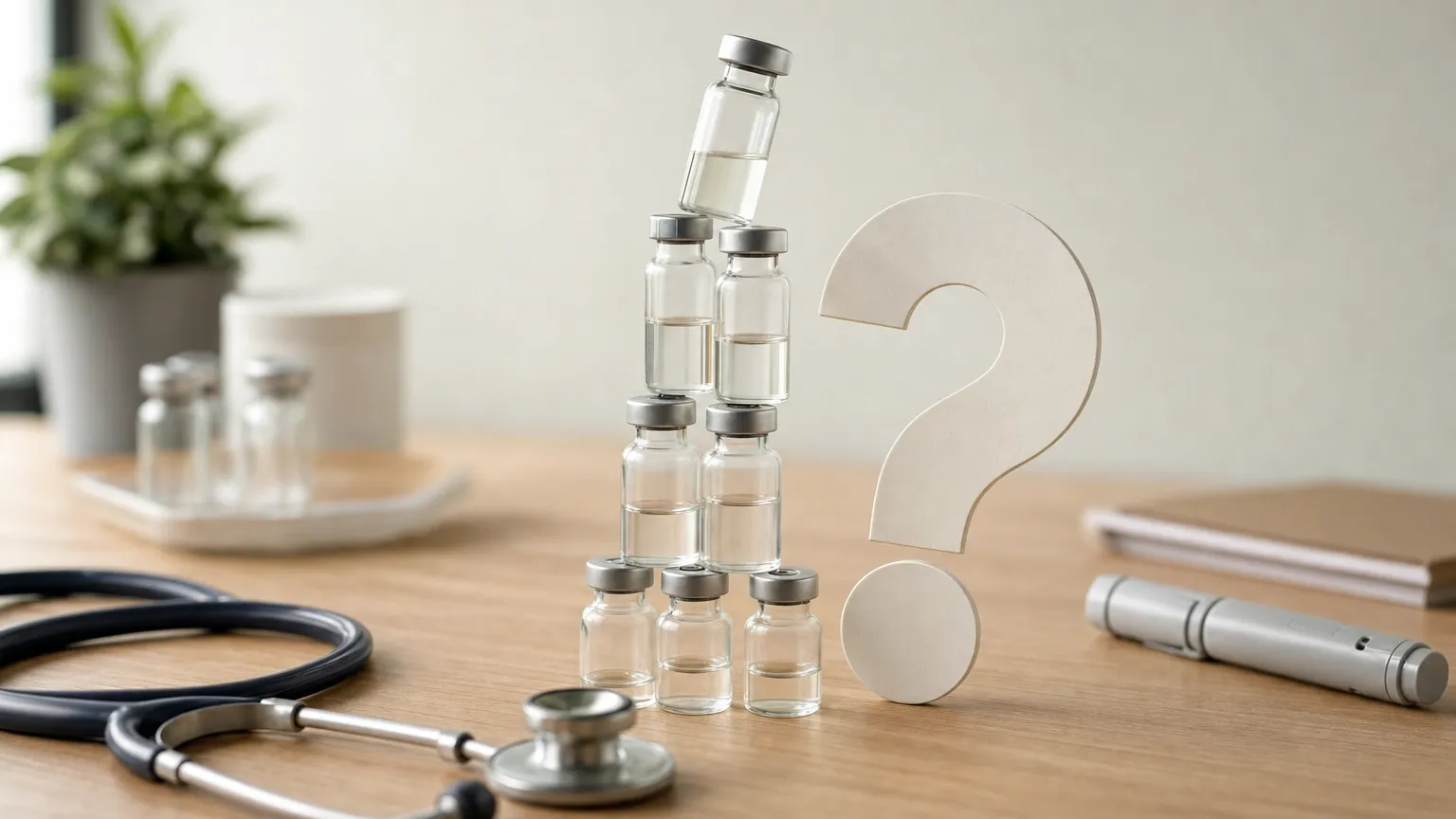 Unlabeled vials stacked into a wobbly tower beside a paper question mark and a stethoscope