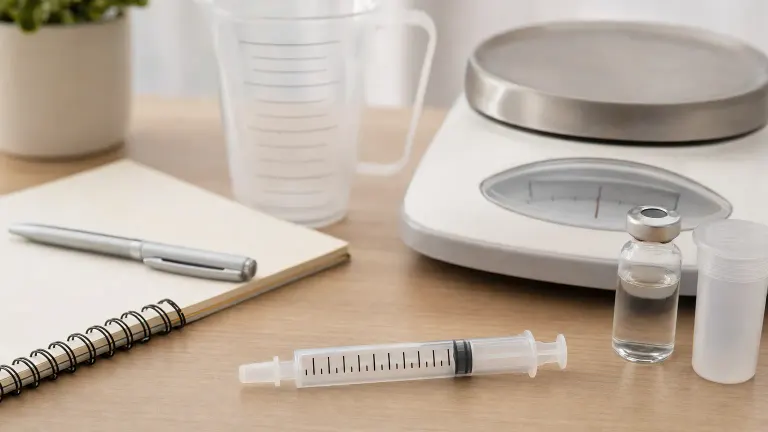 Syringe barrel with plain tick marks beside a measuring cup, a balance scale and a notepad