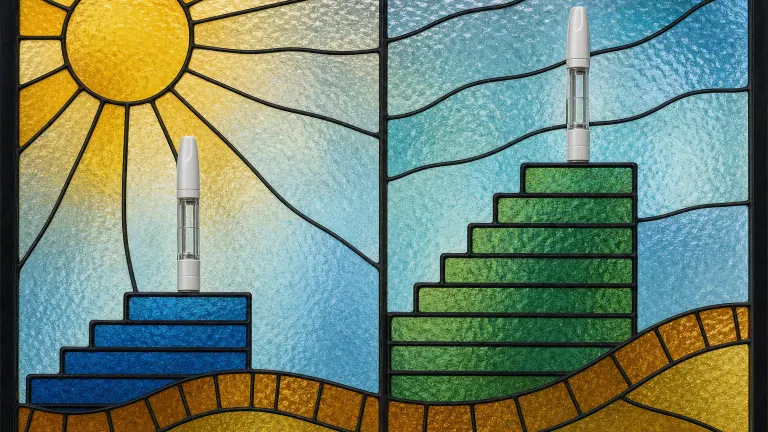 Stained-glass panel of two injection pens on staircases of different heights with a measuring tape