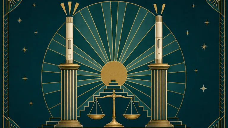 Art Deco sunburst poster with two symmetrical pillars topped by capped injection pens and a balanced scale