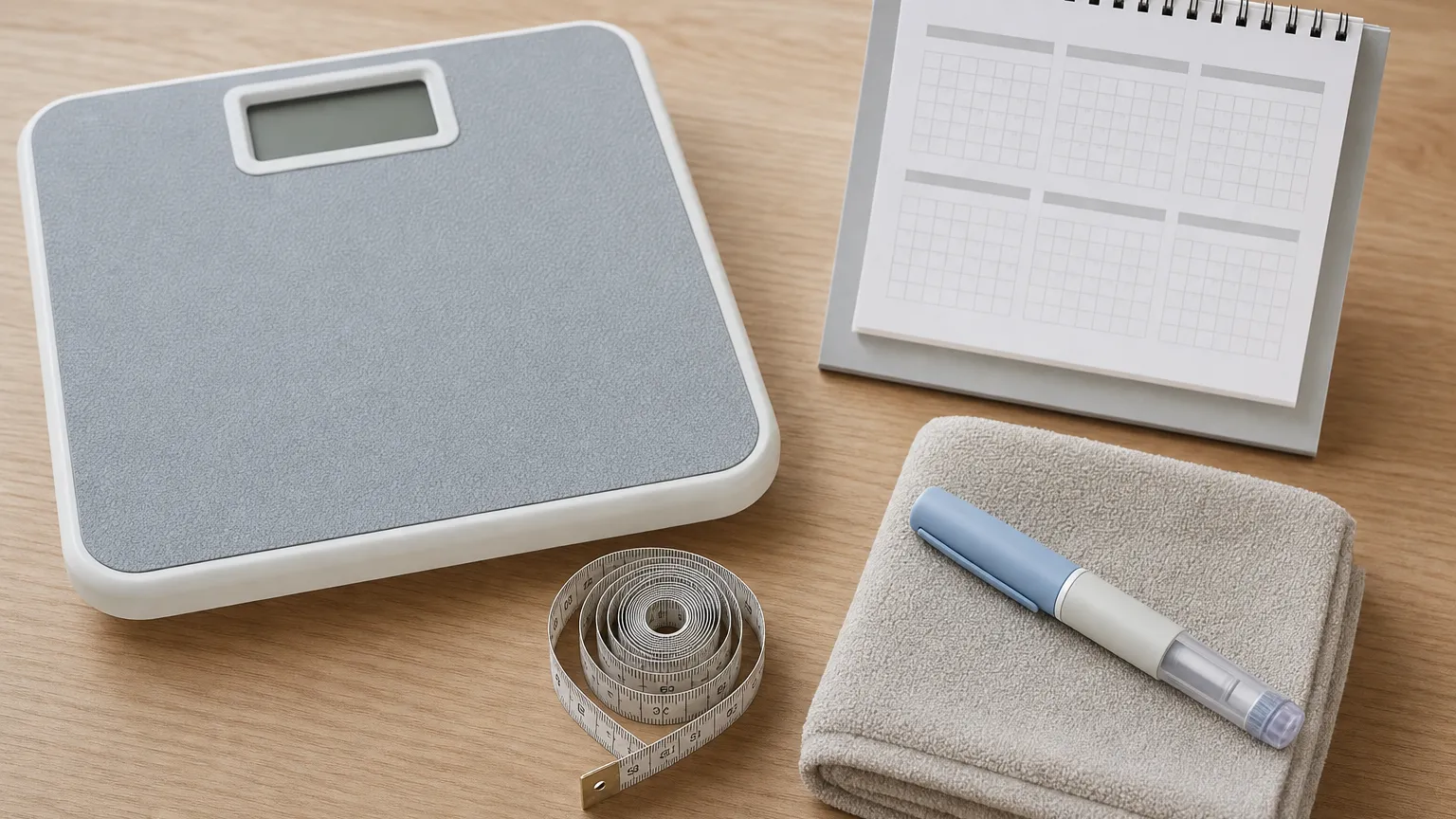 Bathroom scale with a coiled measuring tape, a calendar and an injection pen on a towel