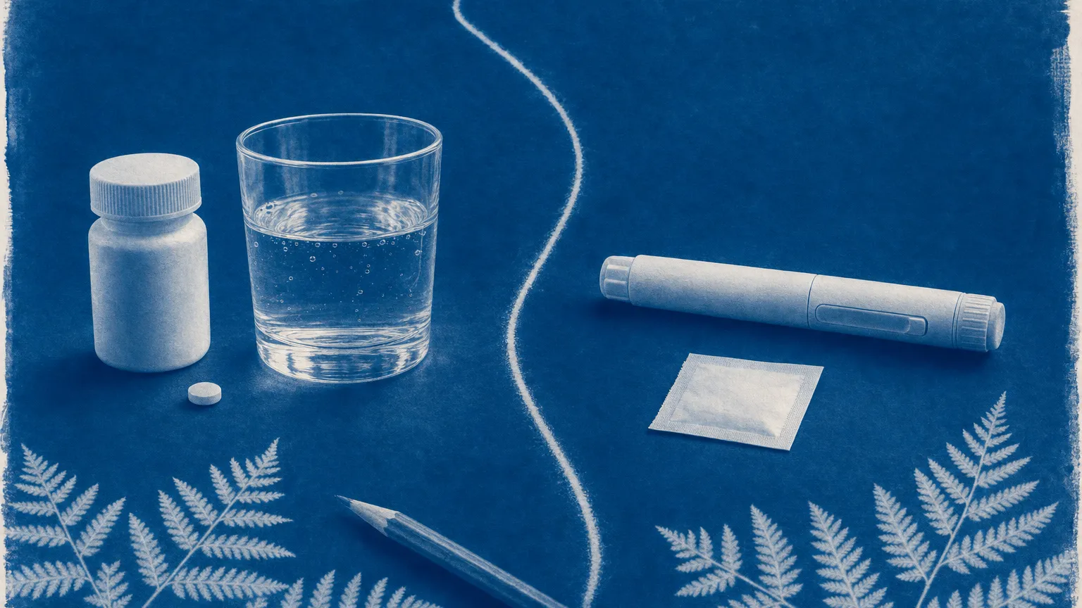 Cyanotype of a pill bottle, tablet and water glass facing a capped injection pen across a dividing line