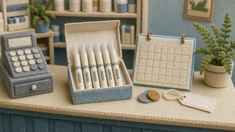 A felt pharmacy counter with a box of daily pens, a stitched calendar, coins and a blank price tag.