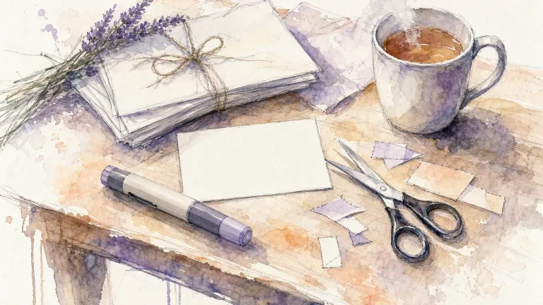 Watercolor of a blank savings card, scissors, clipped paper, an injection pen and a mug of tea